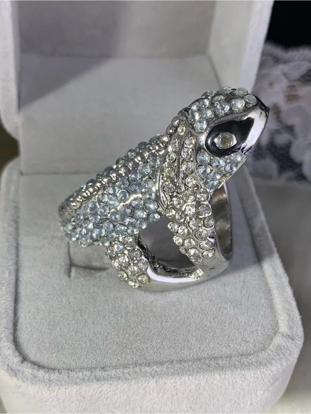 Silver Crystal Lizard Ring - Sparkling Statement Ring size 7